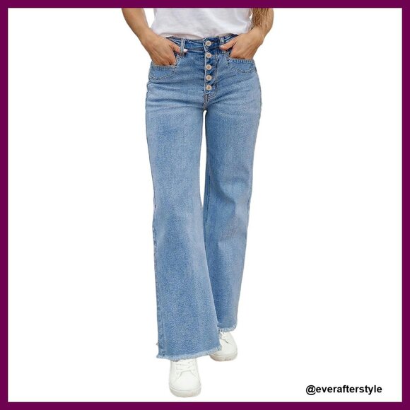 High Waisted Wide Leg Jeans Stretchy Straight Leg Raw Hem Button Fly Chic